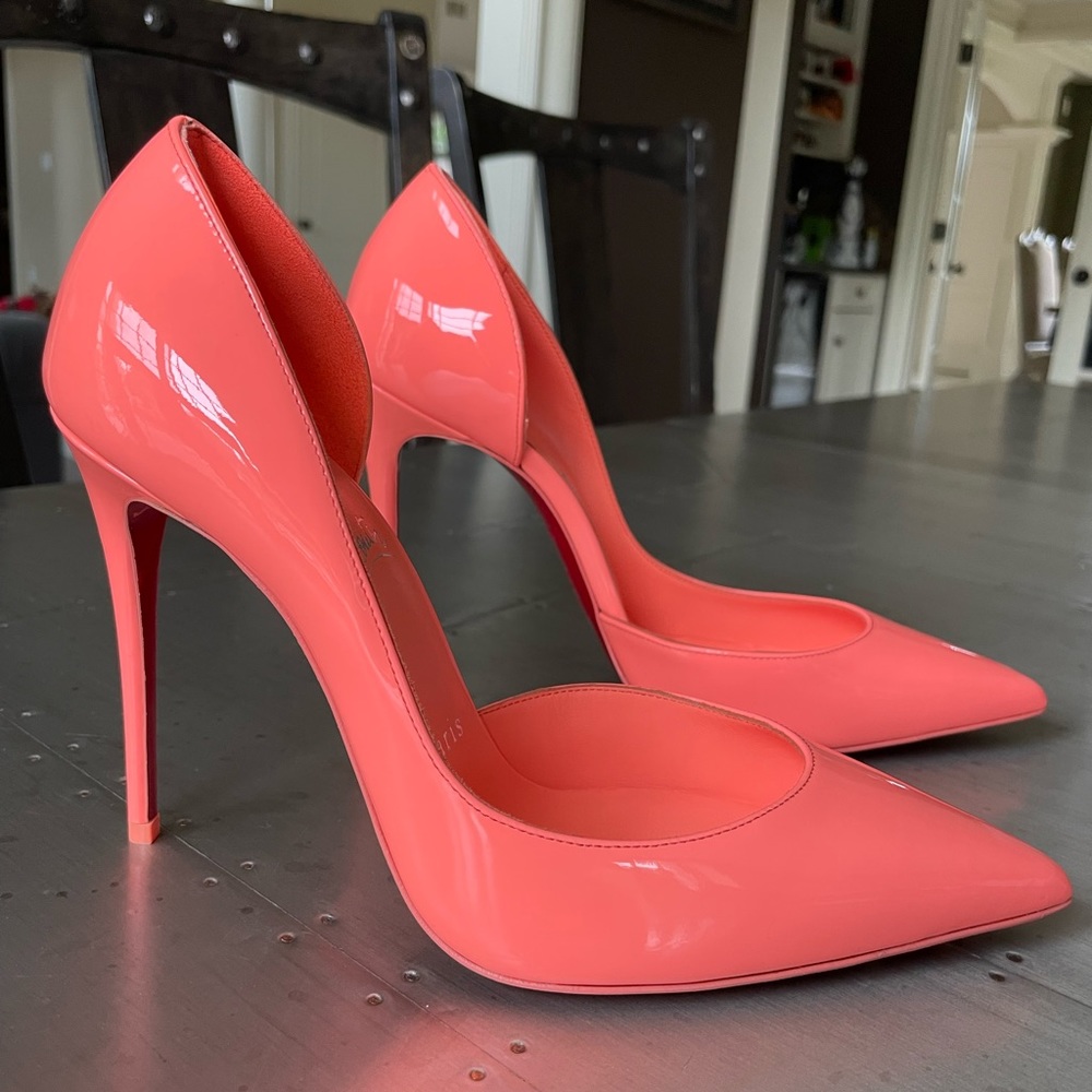 Christian louboutin iriza 100mm patent leather drag coral stiletto sz 39